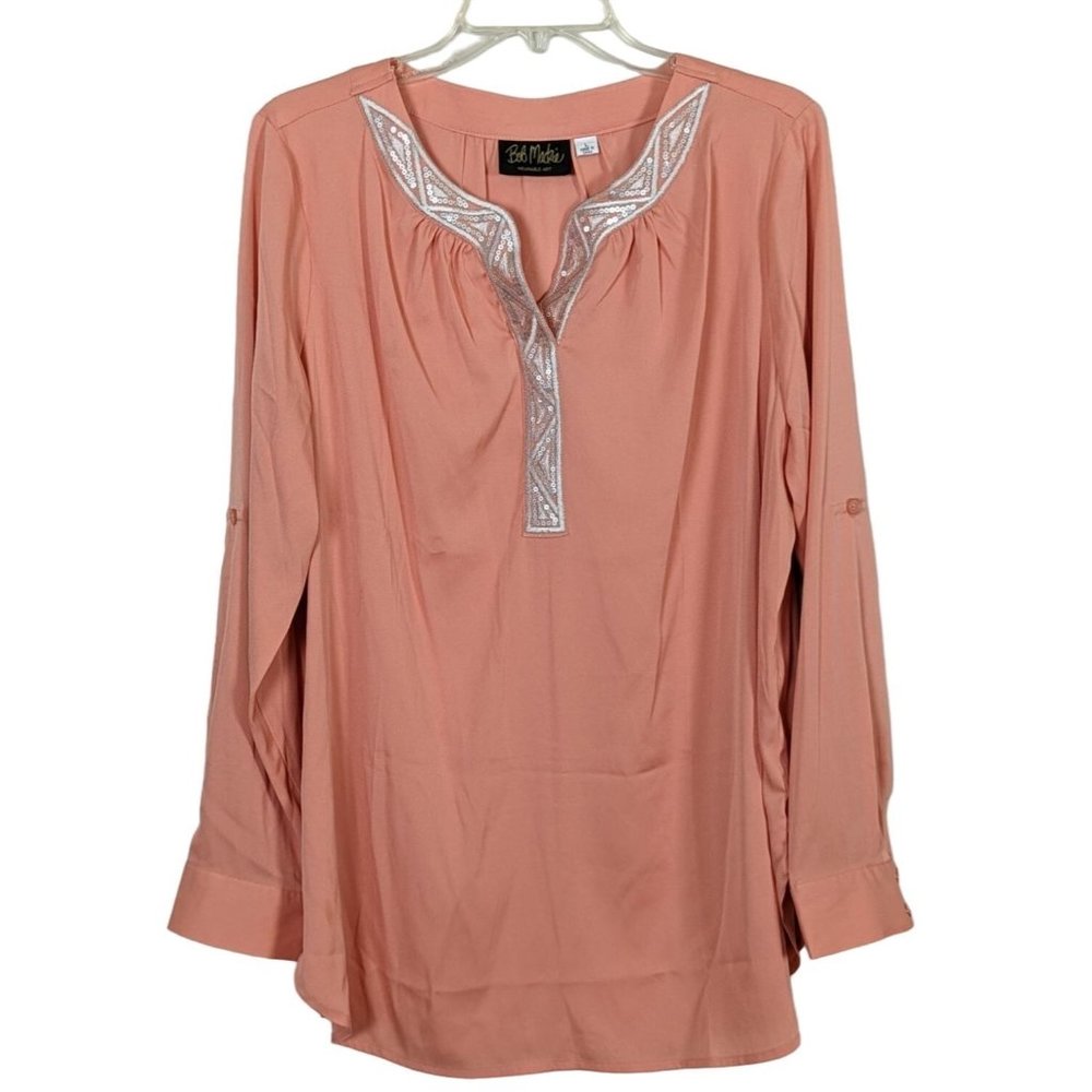 Bob Mackie tab sleeve peach tunic with silver trim and sequins Tunic Size L